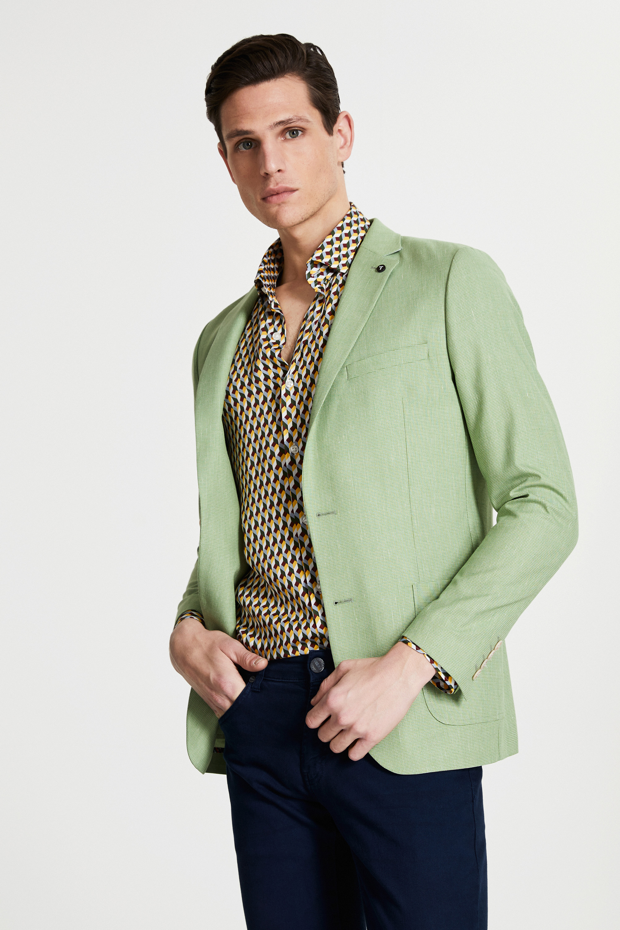 Damat Tween Tween Slim Fit Yeşil Desenli Kumaş Ceket. 2