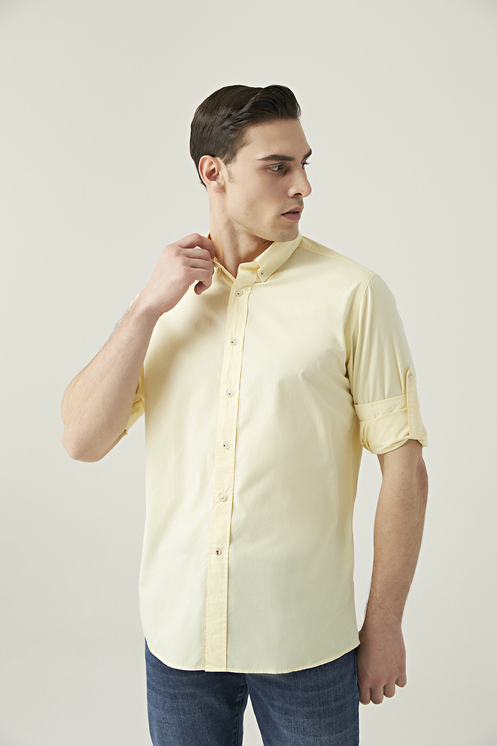 Damat Tween Damat Slim Fit Sarı Düz Yaka İğneli Gömlek. 3