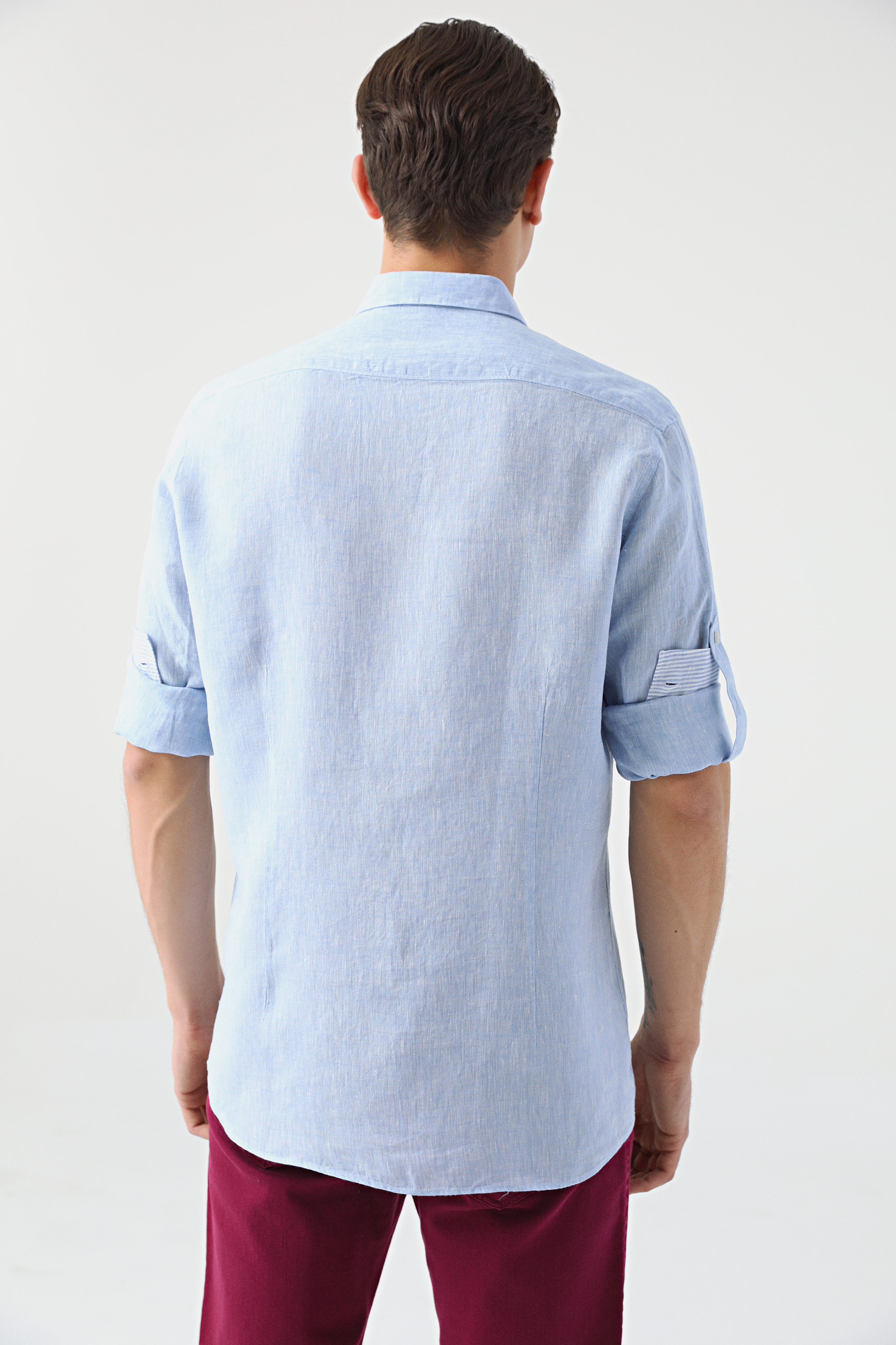 Damat Tween Tween Slim Fit Mavi Düz %100 Keten Gömlek. 5