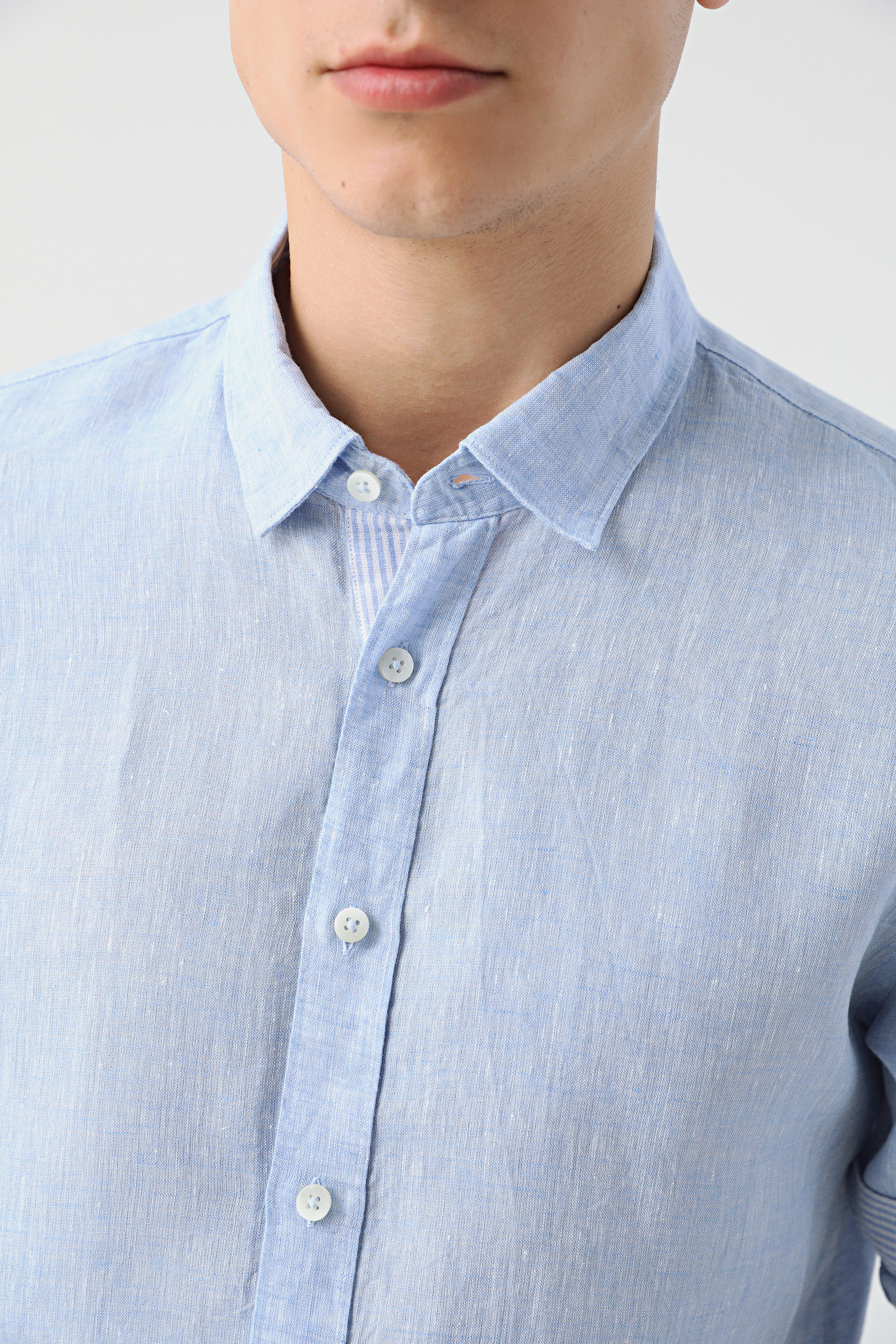 Damat Tween Tween Slim Fit Mavi Düz %100 Keten Gömlek. 3