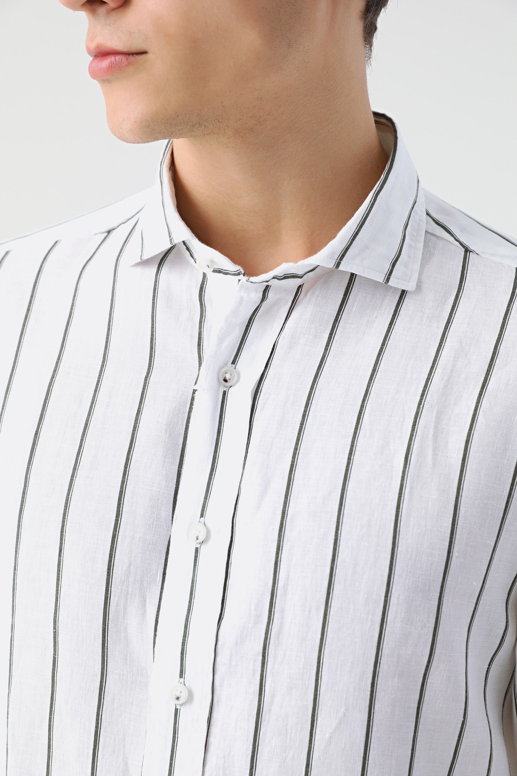 Damat Tween Damat Slim Fit Beyaz Çizgili %100 Keten Gömlek. 1