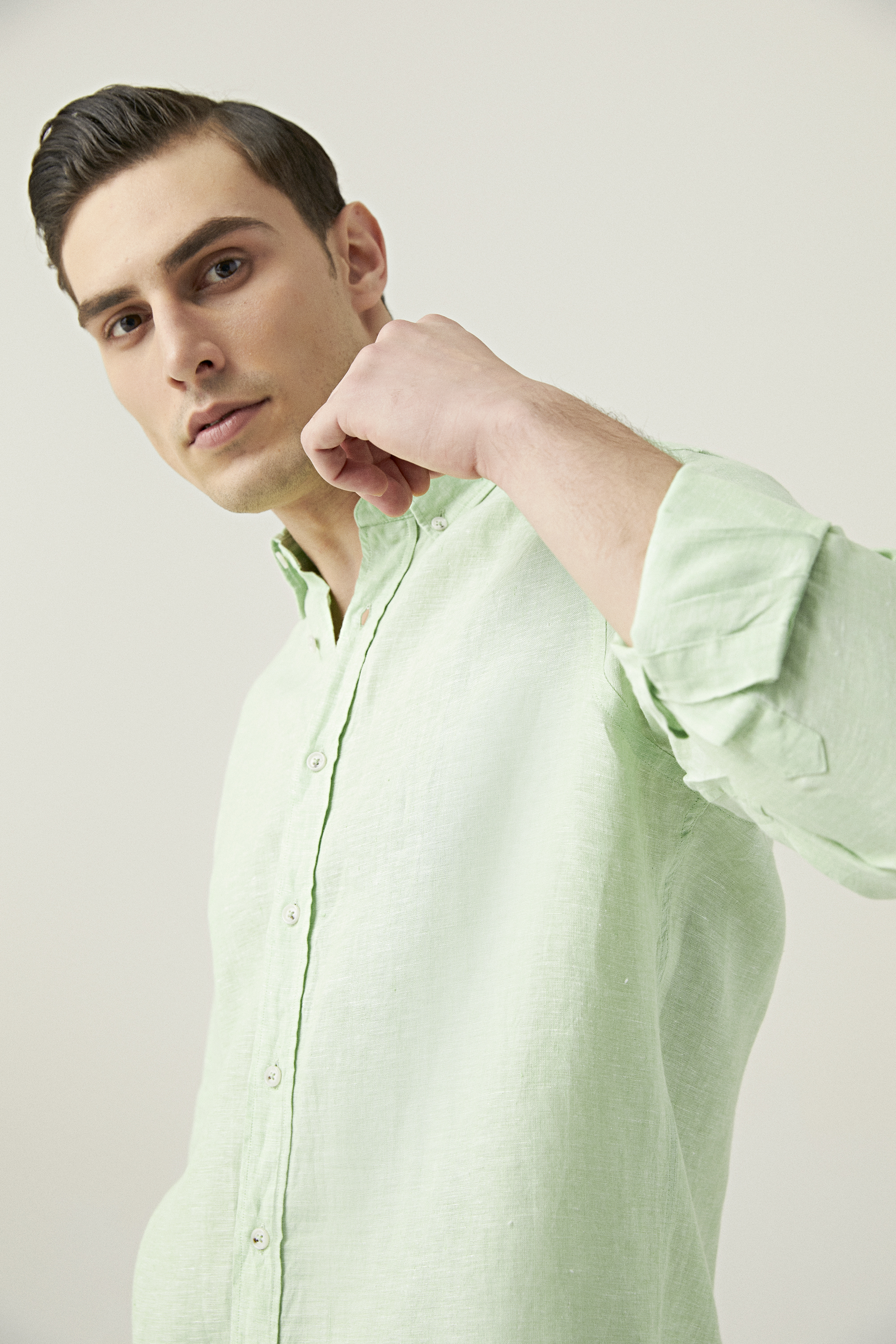 Damat Tween Damat Comfort Yeşil Düz %100 Keten Gömlek. 3