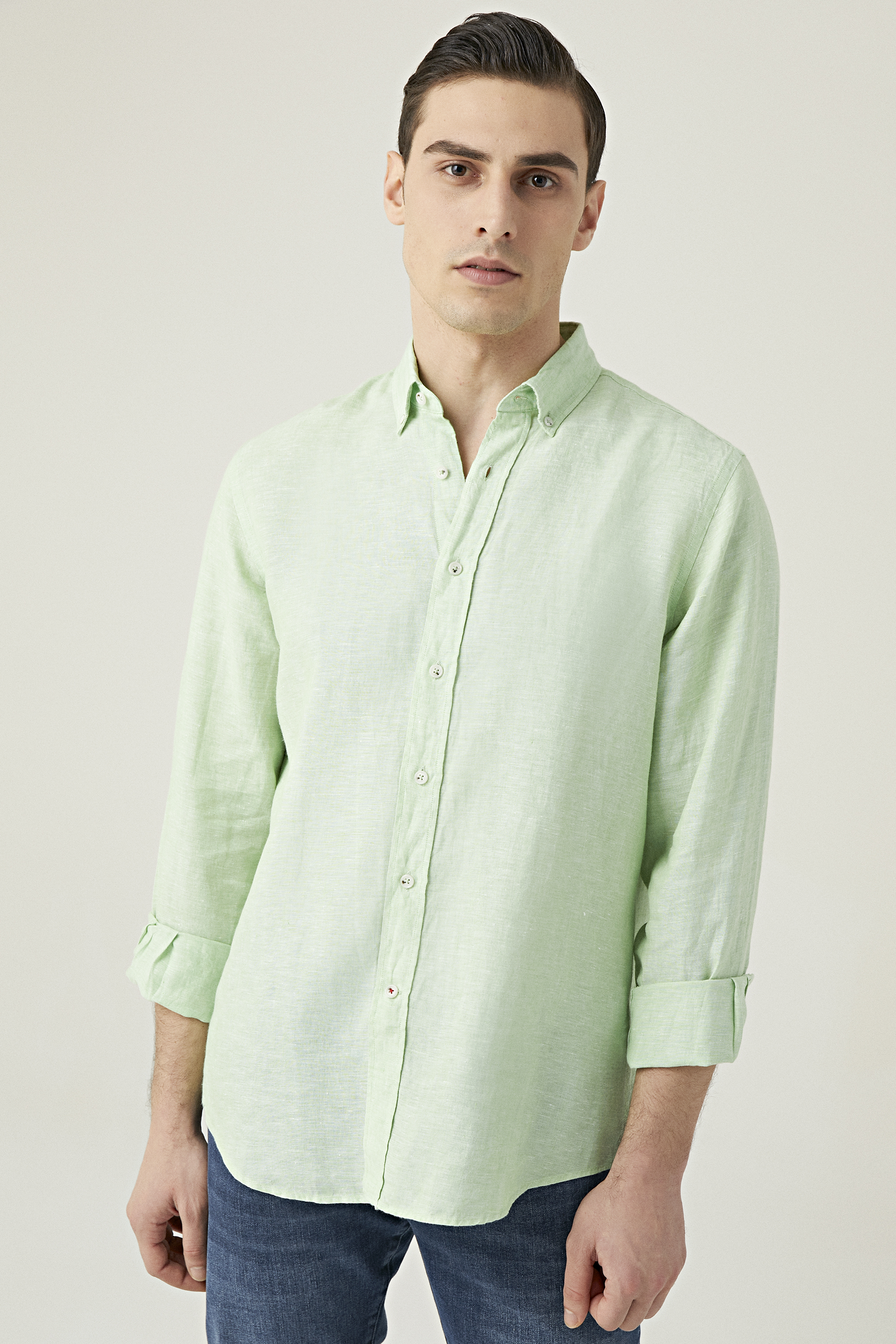 Damat Tween Damat Comfort Yeşil Düz %100 Keten Gömlek. 1