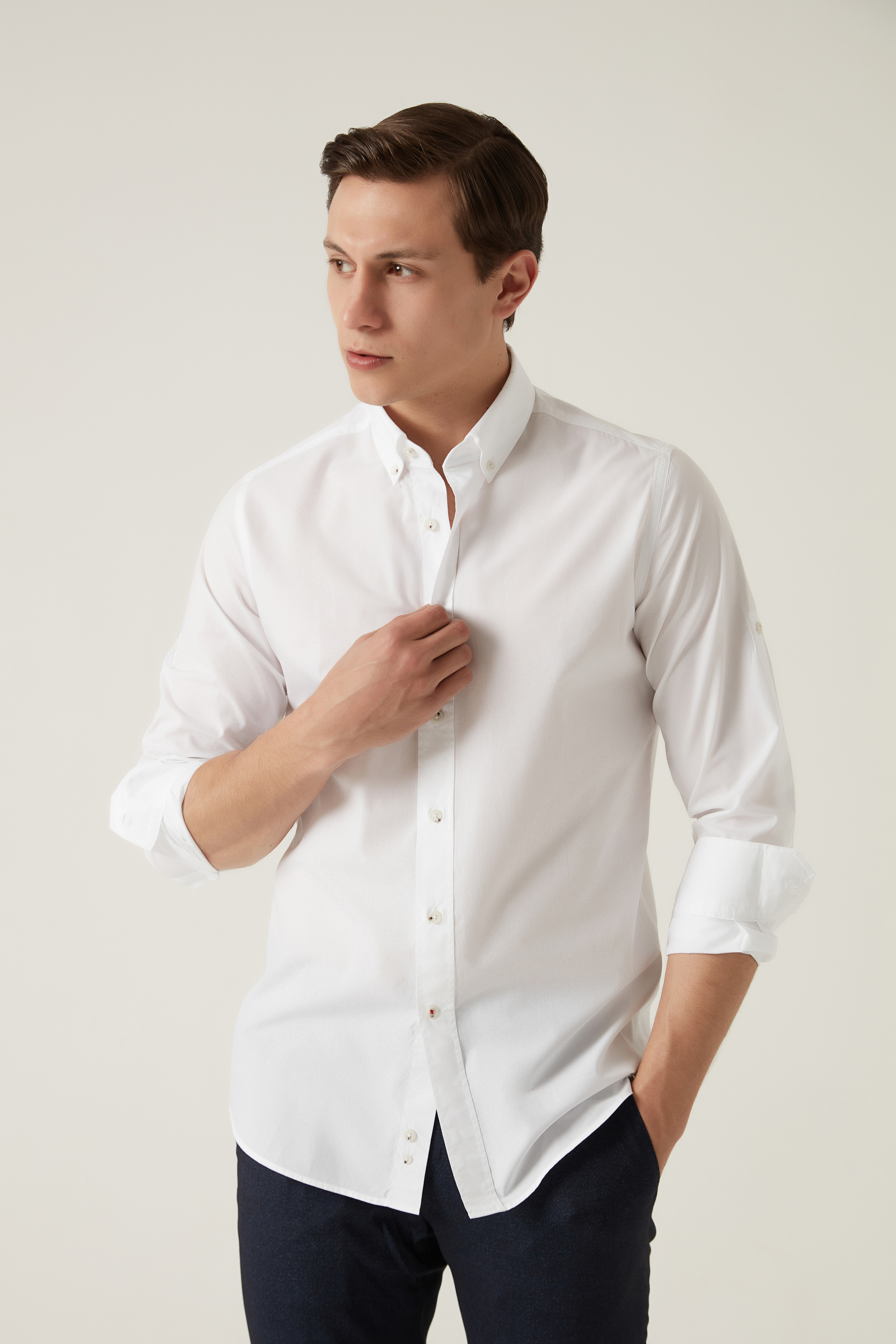 Damat Tween Damat Slim Fit Beyaz Düz Yaka İğneli Gömlek. 1