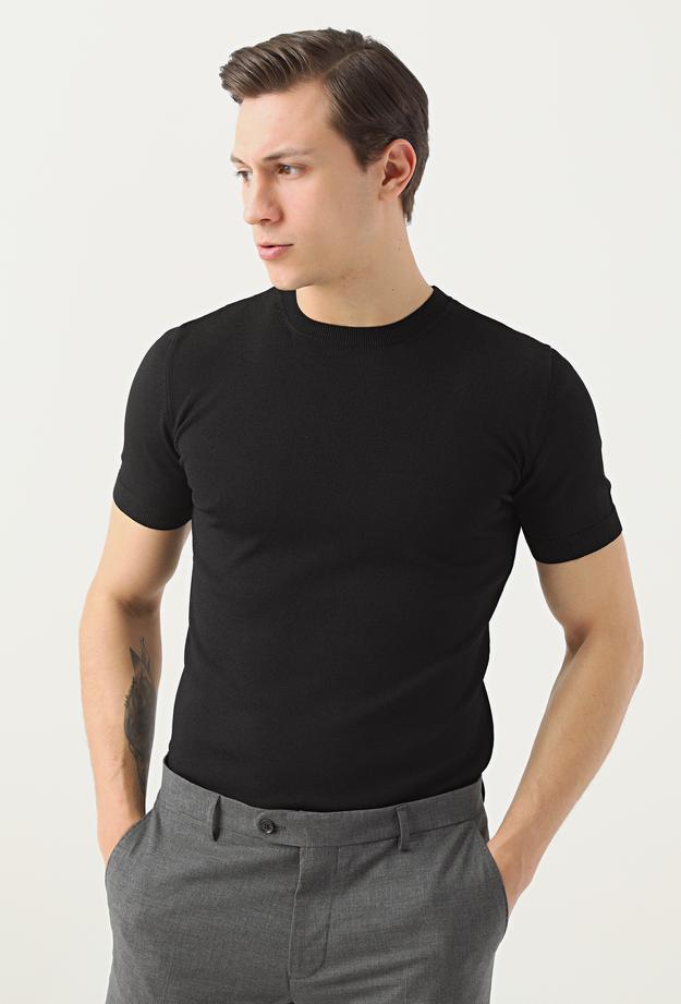 Twn Slim Fit Siyah Düz Örgü Rayon T-shirt