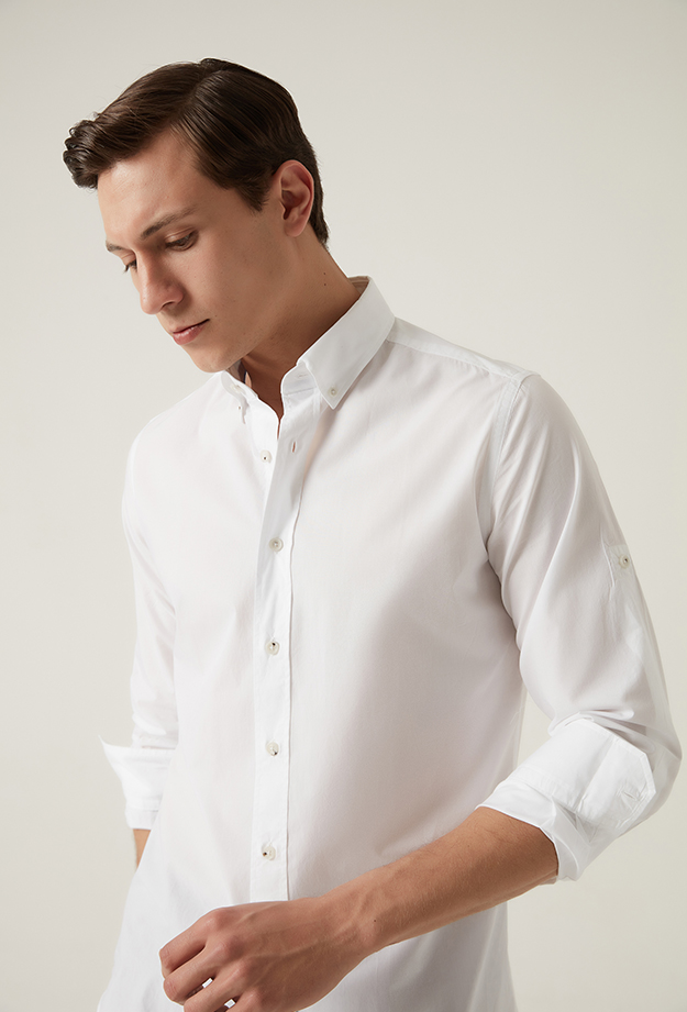 Damat Tween Damat Slim Fit Beyaz Düz Yaka İğneli Gömlek. 3