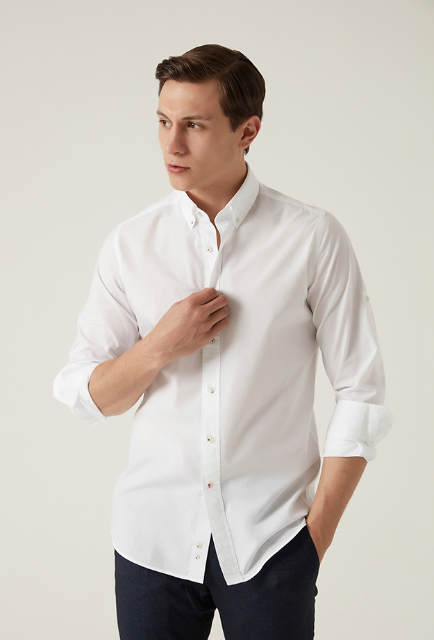 Damat Tween Damat Slim Fit Beyaz Düz Yaka İğneli Gömlek. 1