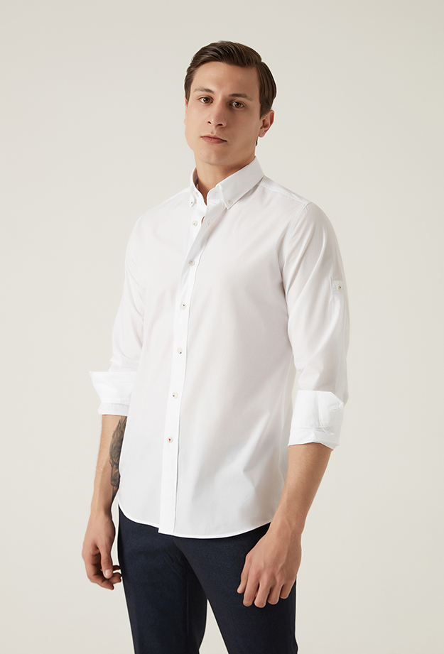 Damat Tween Damat Slim Fit Beyaz Düz Yaka İğneli Gömlek. 2