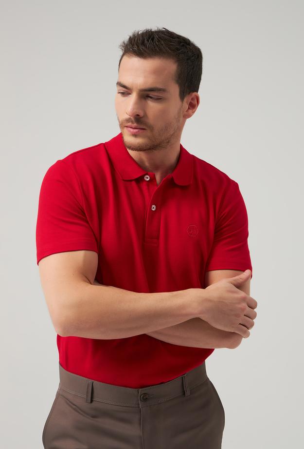 Ds Damat Regular Fit Kırmızı Pike Dokulu %100 Pamuk Polo Yaka T-shirt