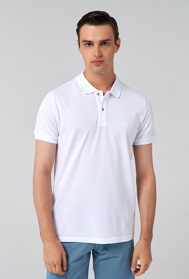 Ds Damat Regular Fit Beyaz Pike Dokulu %100 Pamuk Polo Yaka T-shirt