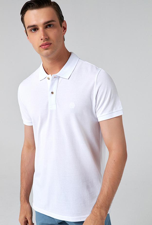 Ds Damat Regular Fit Beyaz Pike Dokulu %100 Pamuk Polo Yaka T-shirt