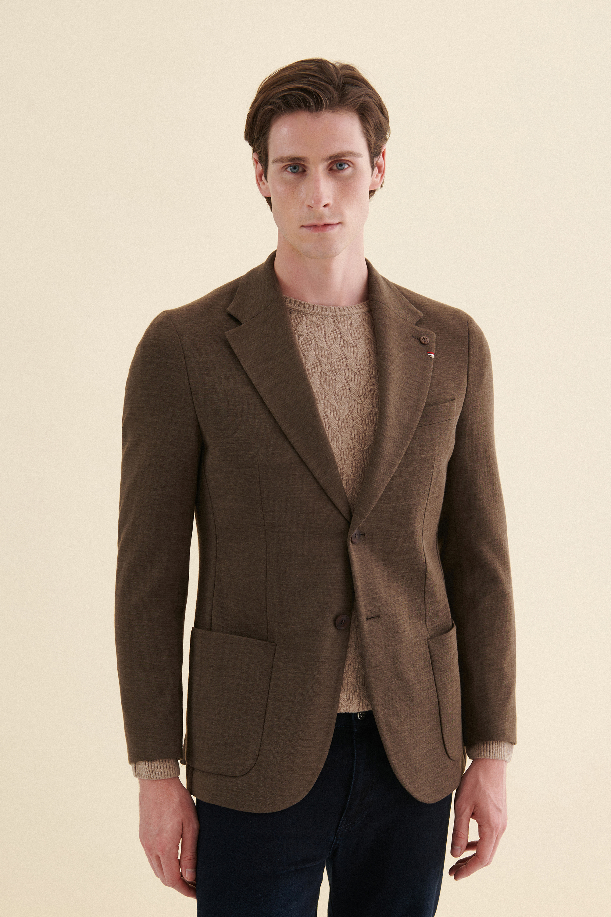 Damat Tween Damat Regular Fit Kahverengi Düz Örme Kumaş Ceket. 2